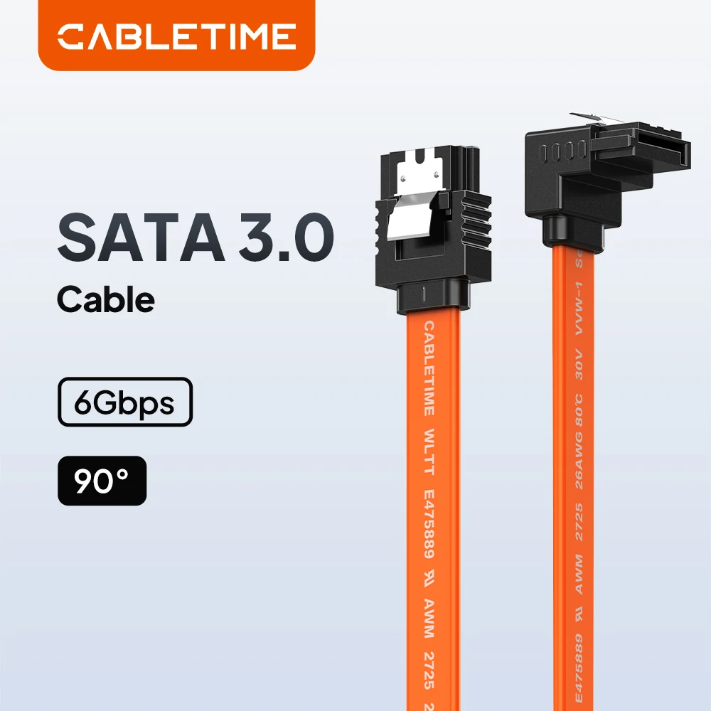 CABLETIME 6Gbps SATA Cable 3.0 to Hard Disk Drive SSD HDD Sata3 Straight Right-angle Cable  Fast Transmission Cable for Desktop