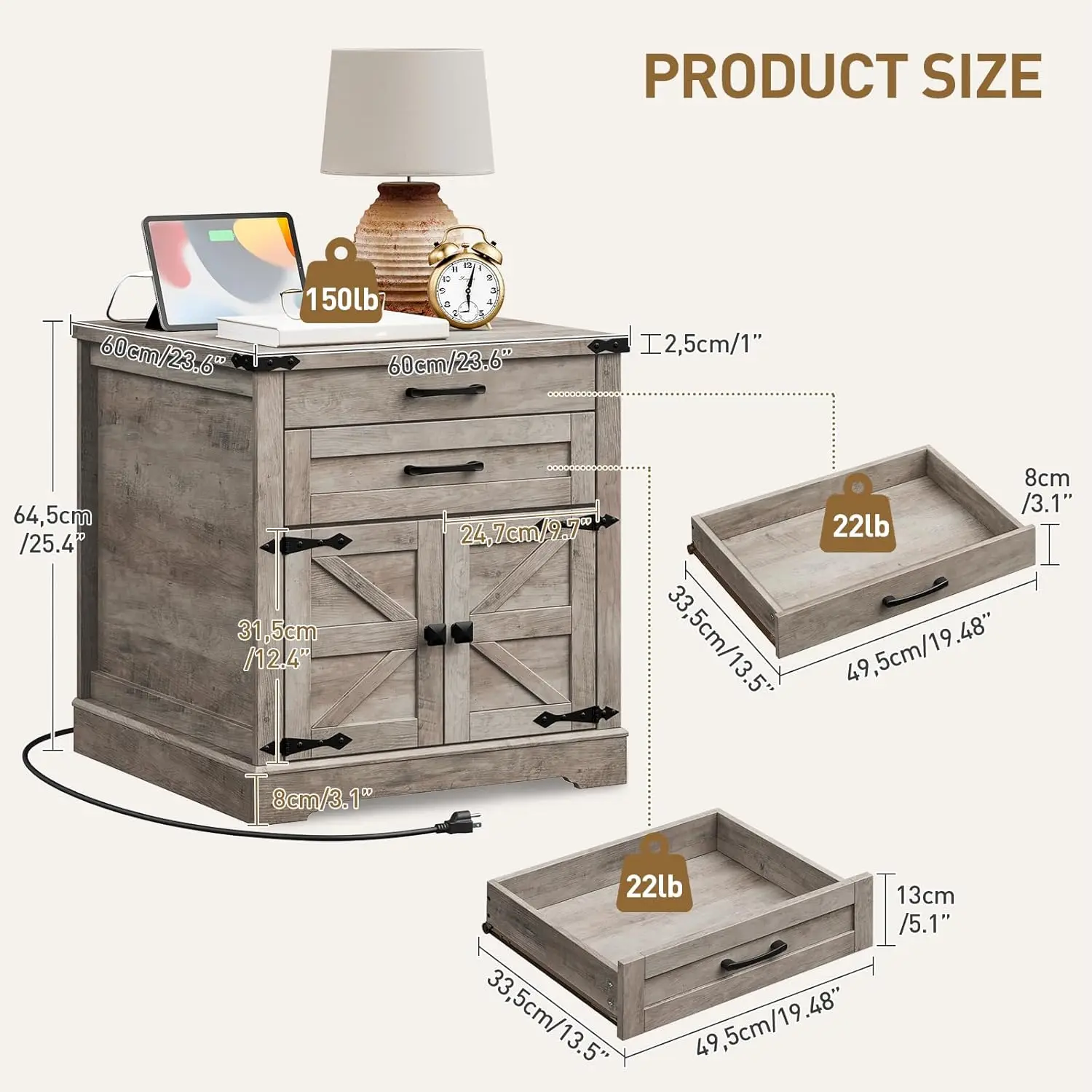 Mesa auxiliar de granja con estación de carga, mesita de noche cuadrada rústica de 24 pulgadas, 2 cajones, puerta de granero, verde