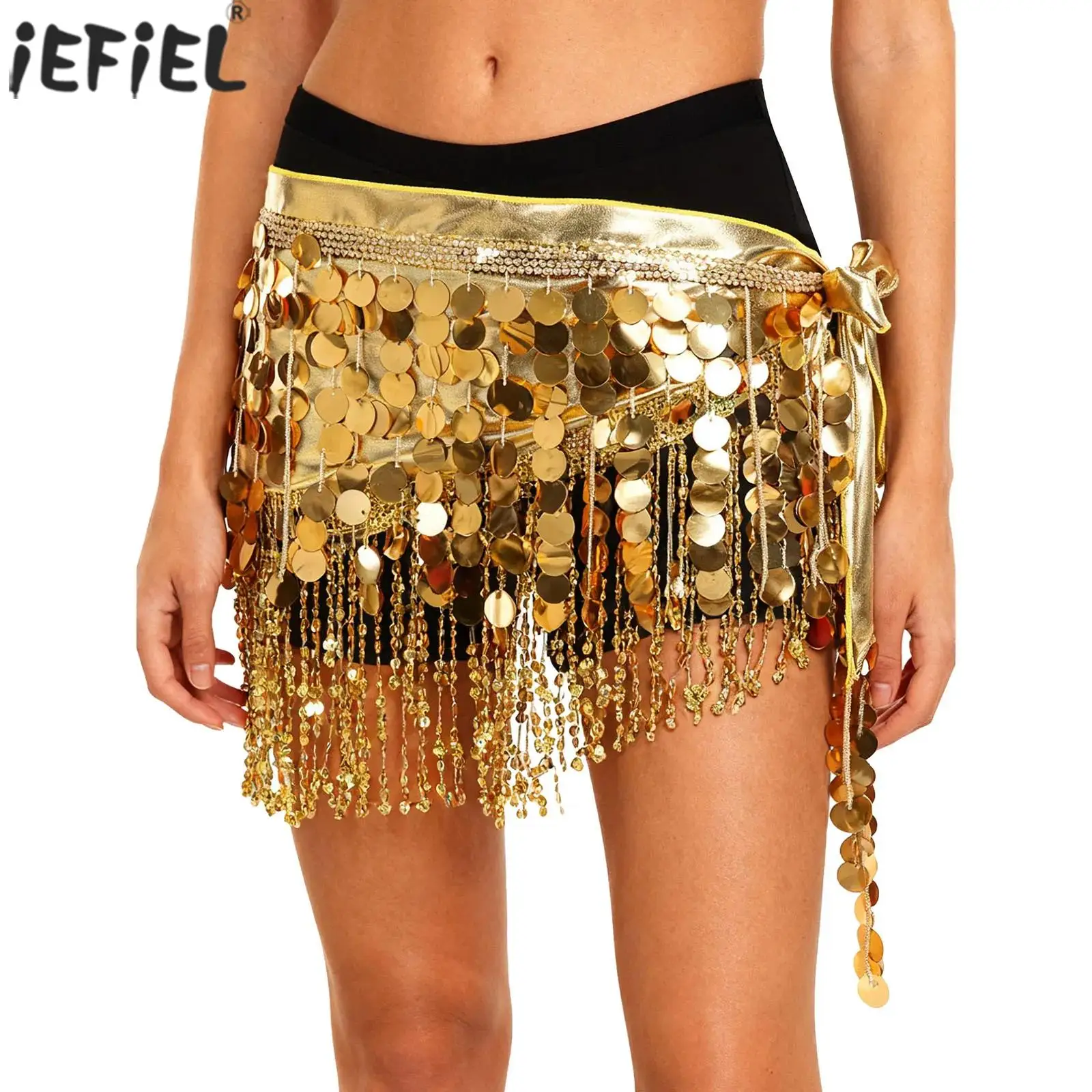 

Women Belly Dance Metallic Hip Scarf with Glittery Sequin Tassel Self Tying Wrap Skirt Tiered Fringe Waist Chain Dance Costume