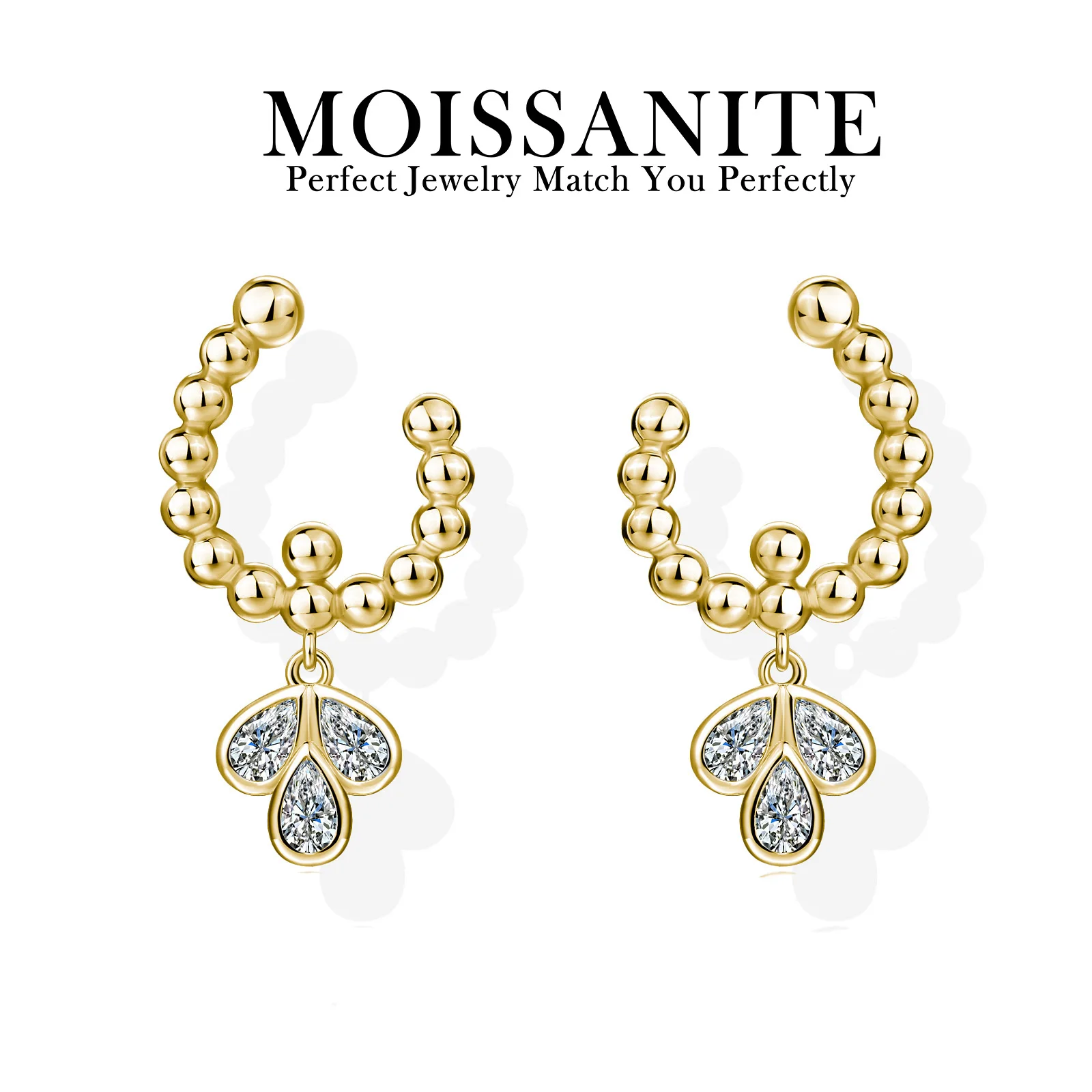 

2.1CTW D Color VVS1 Pear-Cut Moissanite S925 Silver Beaded C-Hoops - Elegant Dainty Earrings for Women
