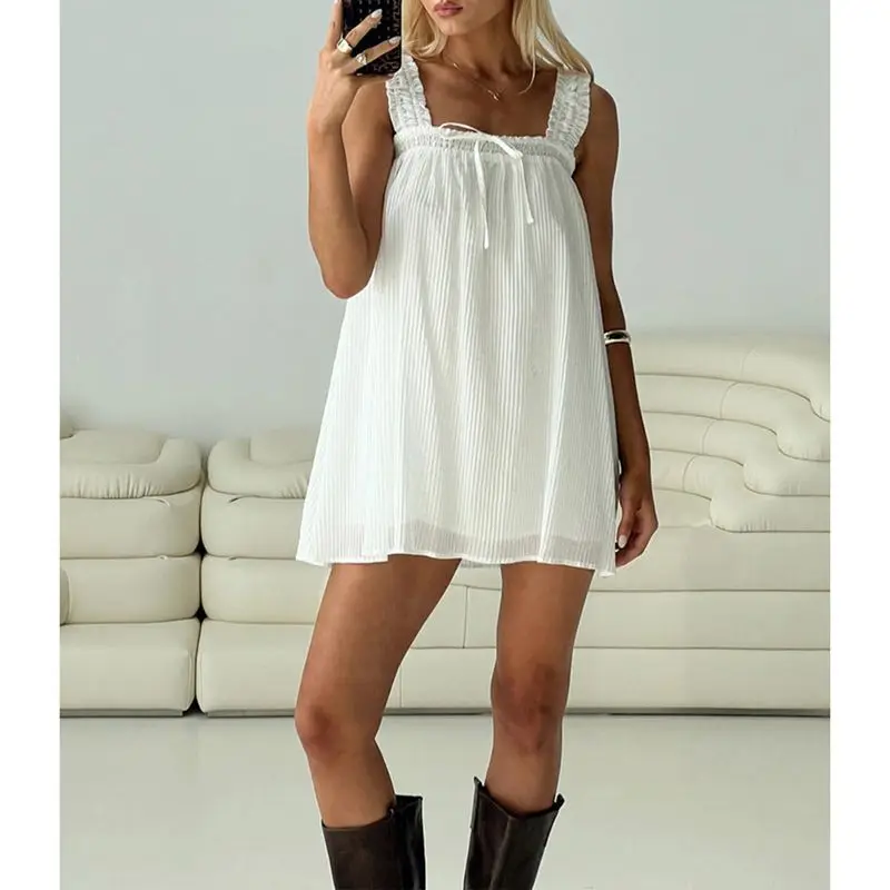 Combhasaki Donna Estate Smock con volant Spalline larghe Collo quadrato con fiocco Decor Mini abito corto ampio a strati con volant