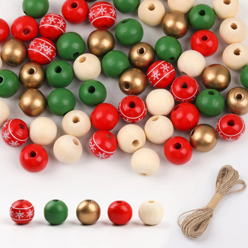 Christmas Wood Beads Set Mixed Color Christmas Decorative Loose Beads DIY Necklace&Bracelet Decorative Wood Beads Accessory