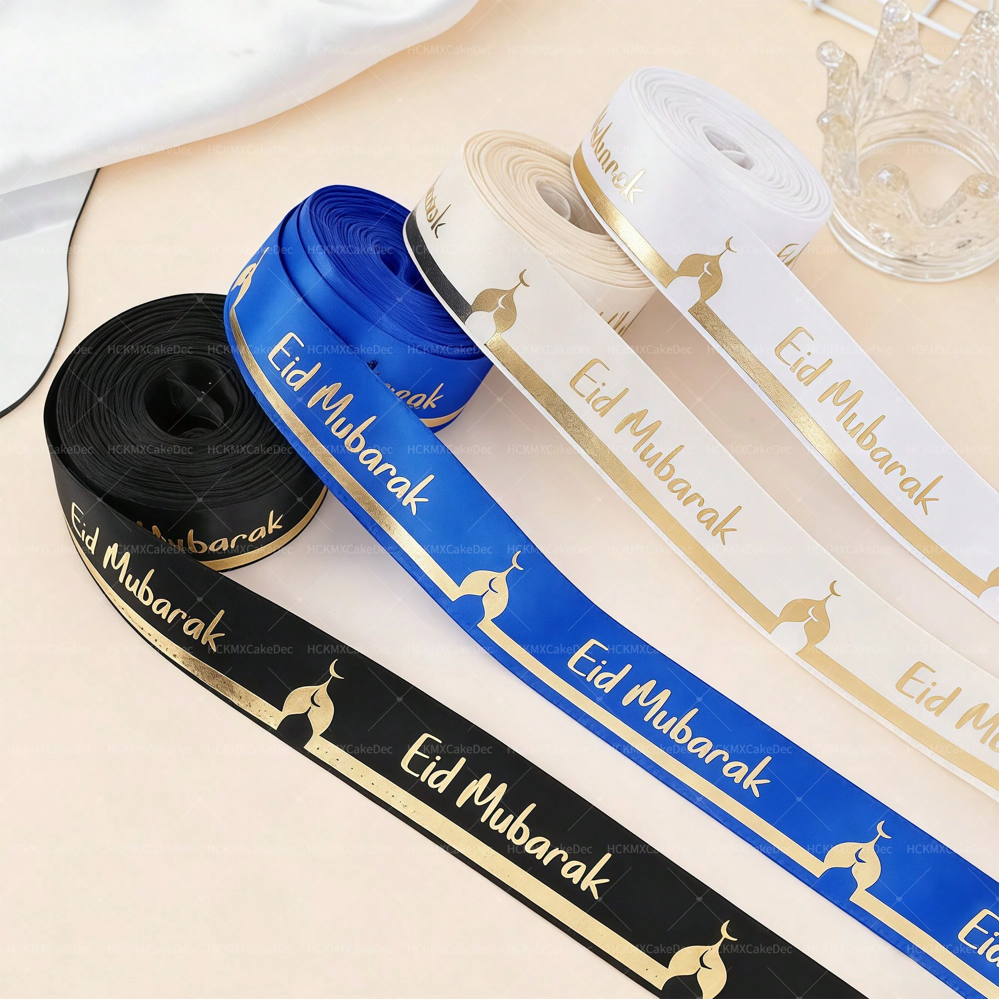 1 Rolle 1,9 cm * 5 Yards Eid Mubarak Band Rolle Ramadan Satinband Verpackungsband Party Dekor zum Verpacken von Schleifenherstellung