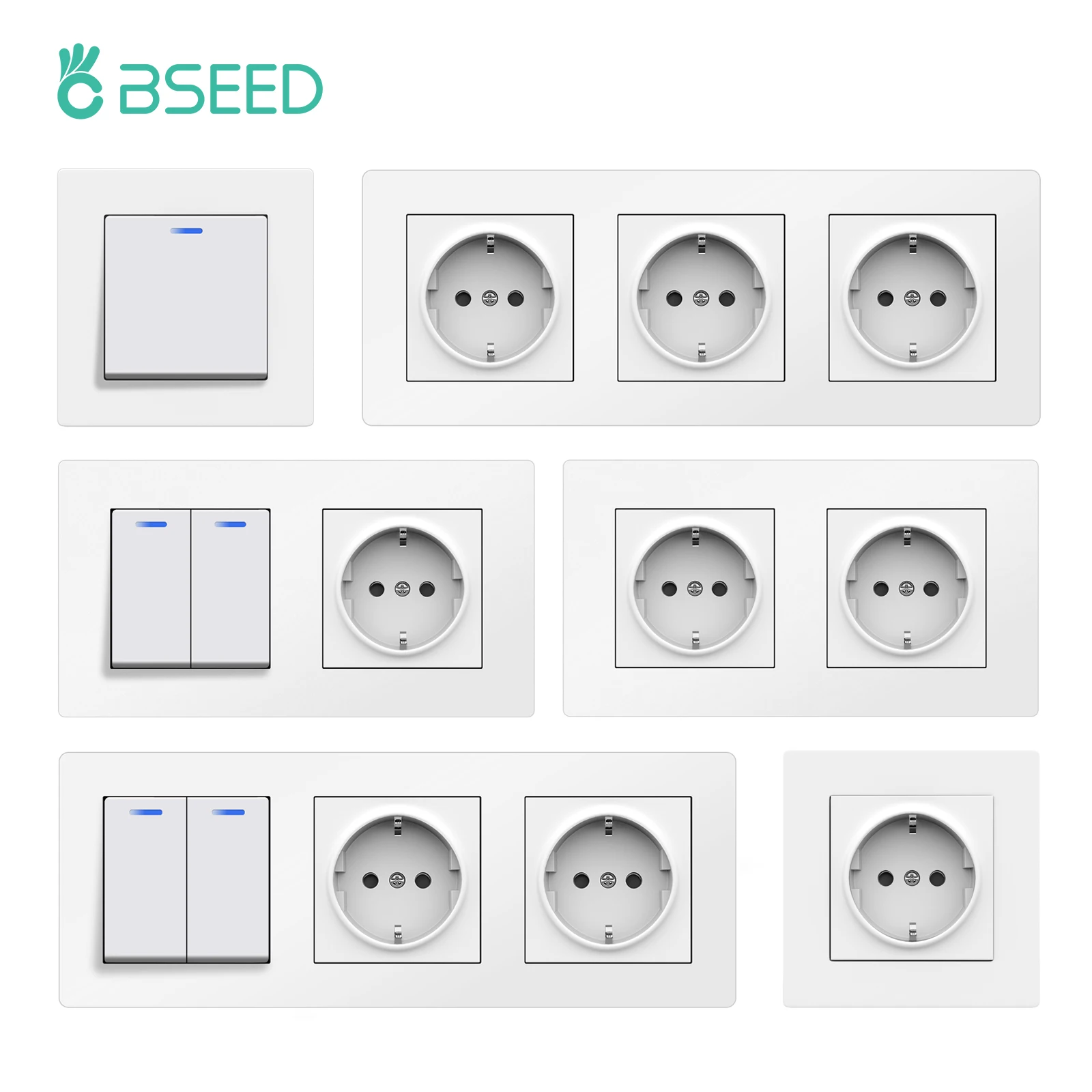 BSEED New Upgrade Button Switch 1/2Gang 1Way Light Switch With Power Socket EU Plugs With Claws PC Plastic Panel