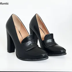 Rontic Handmade Women Spring Pumps Unisex Chunky High Heels Round Toe Pretty Black Party Shoes Ladies US Plus Size 5-20