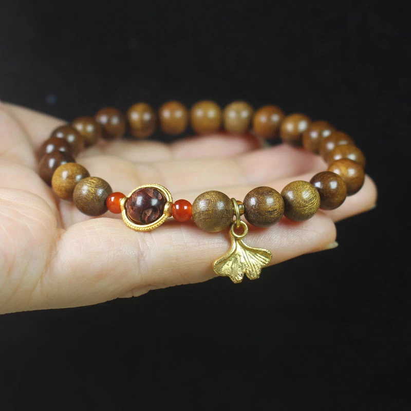 Old golden nanmu wood 8mm bracelet with leaf pendant, women's collectible prayer and Buddhist beads