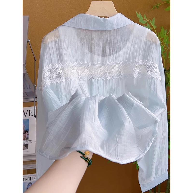 

Женская длинная кружевная блузка Sve, защита от солнца, свободная тонкая летняя новая верхняя одежда, корейская верхняя одежда для поездок на работу и ветер