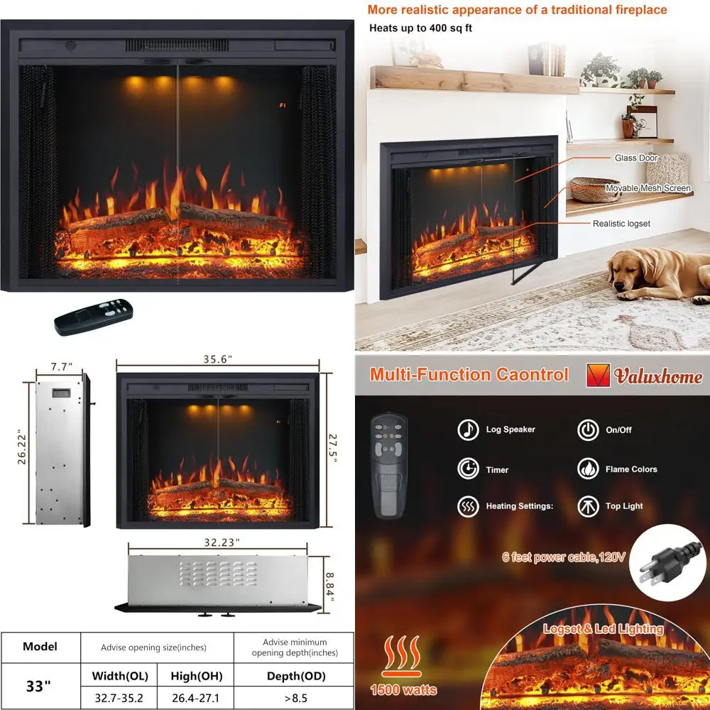 

35.63 Wide 27.5 High Electric Fireplace Insert - Adjustable Temperature, Movable Screen, Glass Door, 1-9H Timer