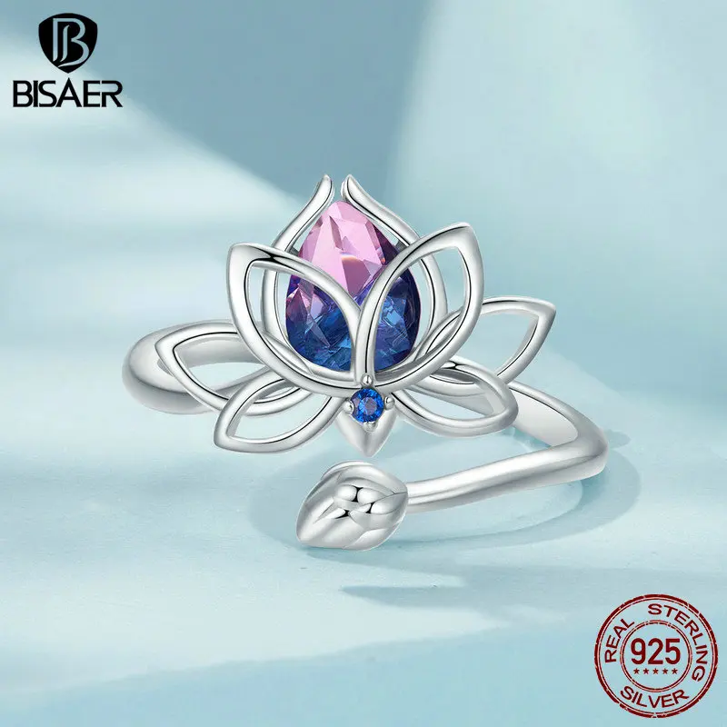 BISAER 925 Sterling Silver Lotus Flower anello aperto taglia 5-9 viola Eternity Band placcato platino per donne eleganti gioielleria raffinata