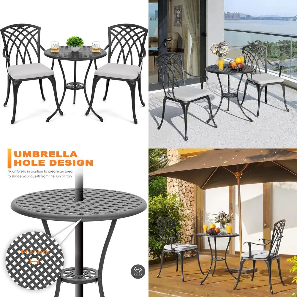 

3-Piece Outdoor Aluminum Patio Bistro Set with Table and 2 Chairs, Umbrella Hole, Gray