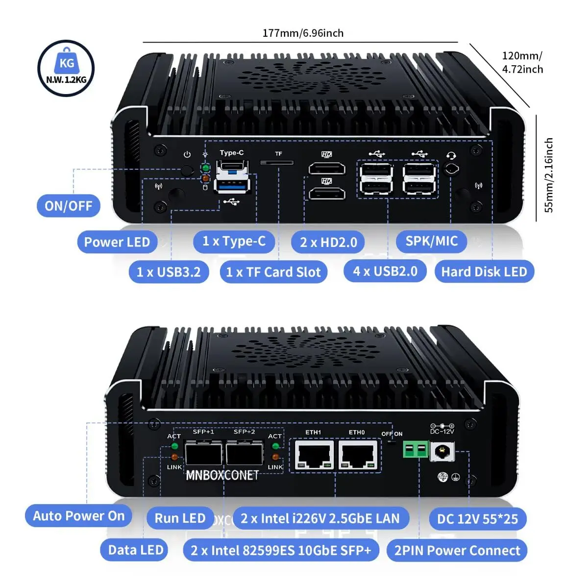 MNBOXCONET 마이크로 방화벽 PC 10GbE SFP N100/N150/N305/N355 2xi226V 2.5GbE LAN 미니 PC 어플라이언스 사무실, 베어본 RAM 없음 SSD 없음