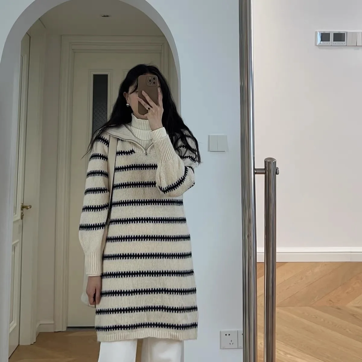 

Winter Faion Striped Large Collar Mid-Length Sweater French Sle Zipper Decoration Women's Long Sve Regular Fit Online ...