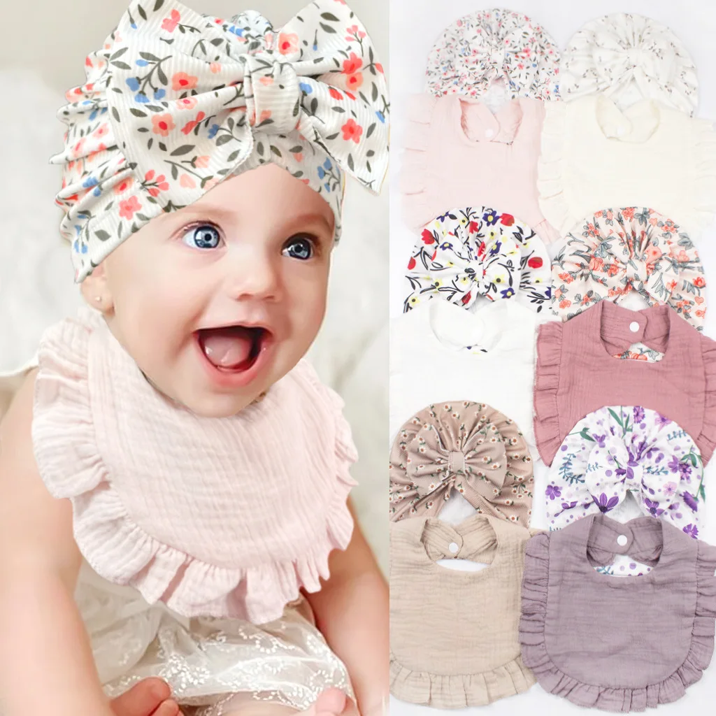 Ins New 2pcs Set Floral Bowknot Beanie Hat and Bib Set Baby Gauze Cotton Ruffled Bib Kids Saliva Towel Accessories Newborn