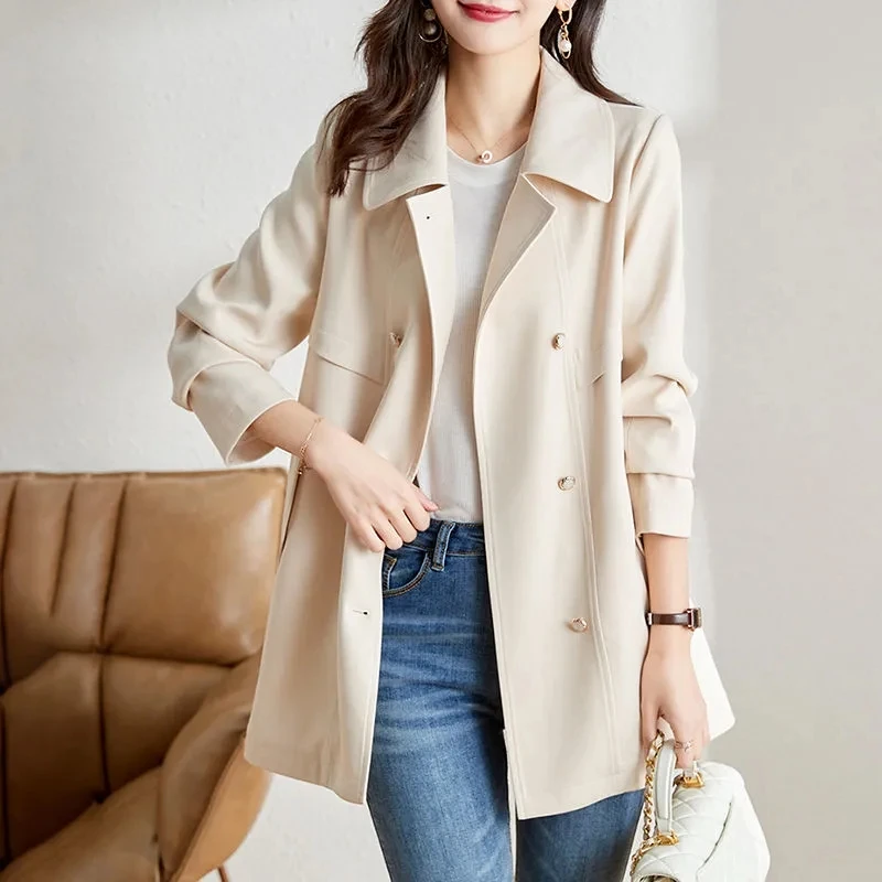 2024 New Spring Autumn Trench Coat Women Slim Long-Sleeved Windbreaker With Belt Casual Beige Outwear Female Tops Lining Clothes