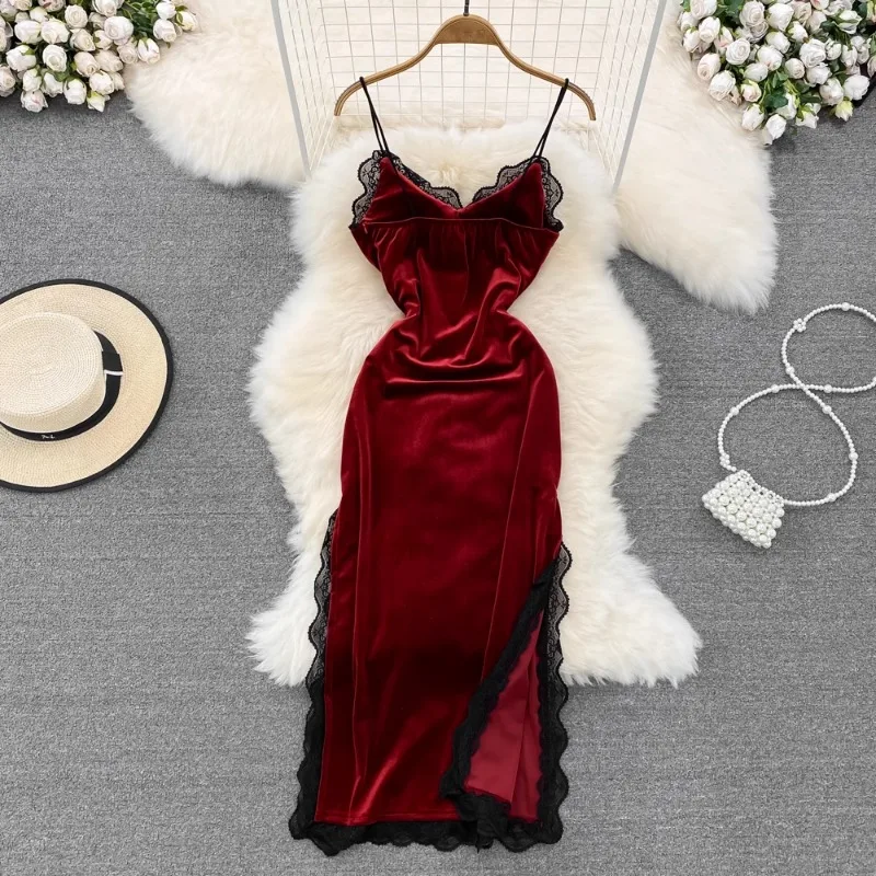 OCEANLOVE Velvet Hot Sexy Party Dresses for Women Lace Patchwork Autumn Winter Vintage Vestidos Korean Fashion V Neck Long Dress