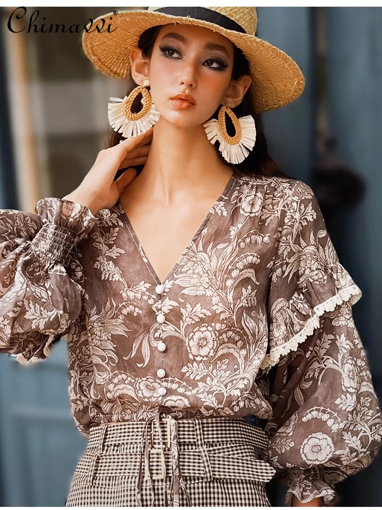 

French Elegant Commuter Vintage Blouse V-neck Lantern Sleeve Single-breasted Fashion Printed Loose Casual Shirt Top Women Autumn