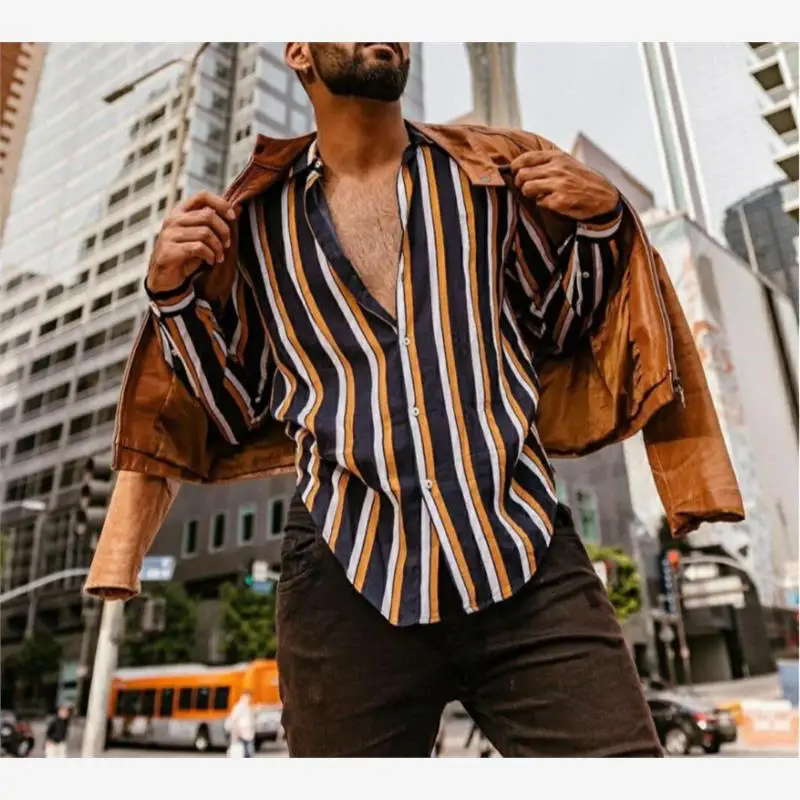 Casual listrado lapela masculina irt longo sve juventude faion especial ajuste largo impresso casual wear para homem