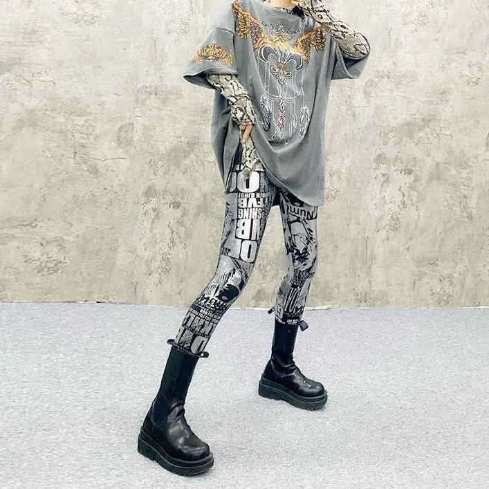 High Waist Letter Graffiti Leggings Women - 2025 New Streetwear European Style,Geometric Figures Ankle Elastic Tights Legging