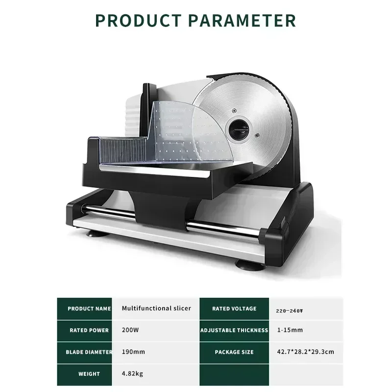 Multifunctional desktop meat slicer machine. Can slice ham, lamb rolls, meat, bread and vegetables. Adjustable thickness.