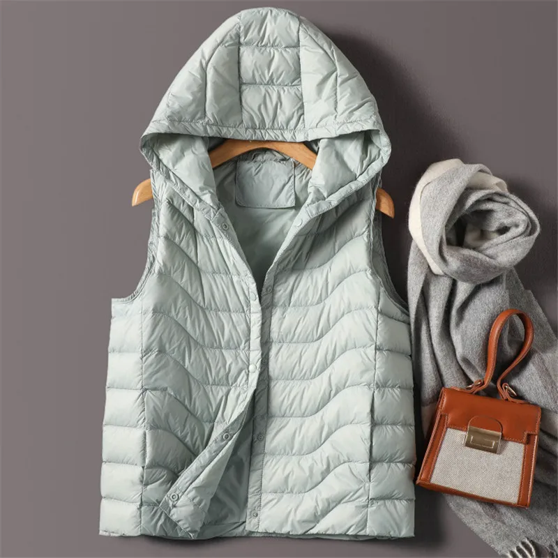 Gilet en duvet de canard blanc Ultra léger pour femme, manteau chaud, sans manches, à capuche, court, collection automne-hiver 2022