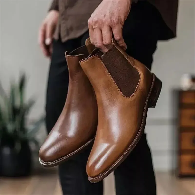 Chelsea Stiefel für Männer Handmade Braun Schwarz PU Spitz Niedrigen Ferse Set auf Klassische Mode Business Casual Alle-spiel Kleid Schuhe