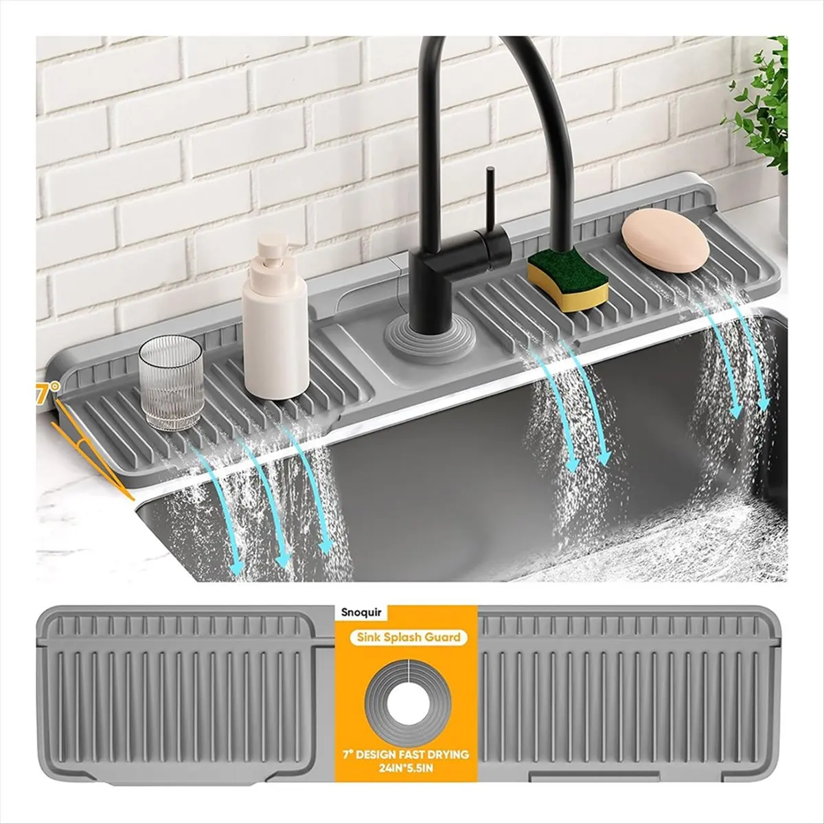 24'' Longer Faucet Mat for Kitchen Sink Splash Guard,Slope Fast Self-Draining,Snap Lock Fit,Faucet Mat Splash Guard