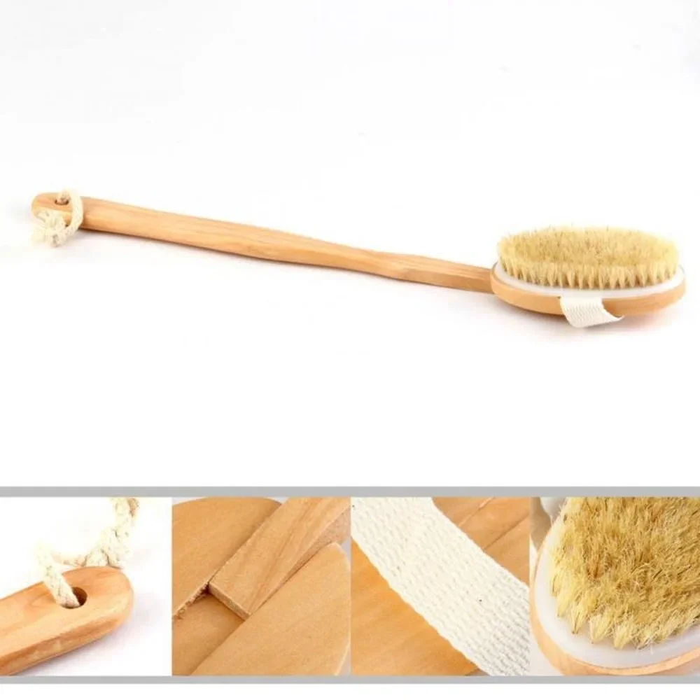 1Pc Wooden Detachable Long Handle Shower Body Brush Bathing Massage Back Body Exfoliating Brush Bathroom Wash Brush Bath Tools