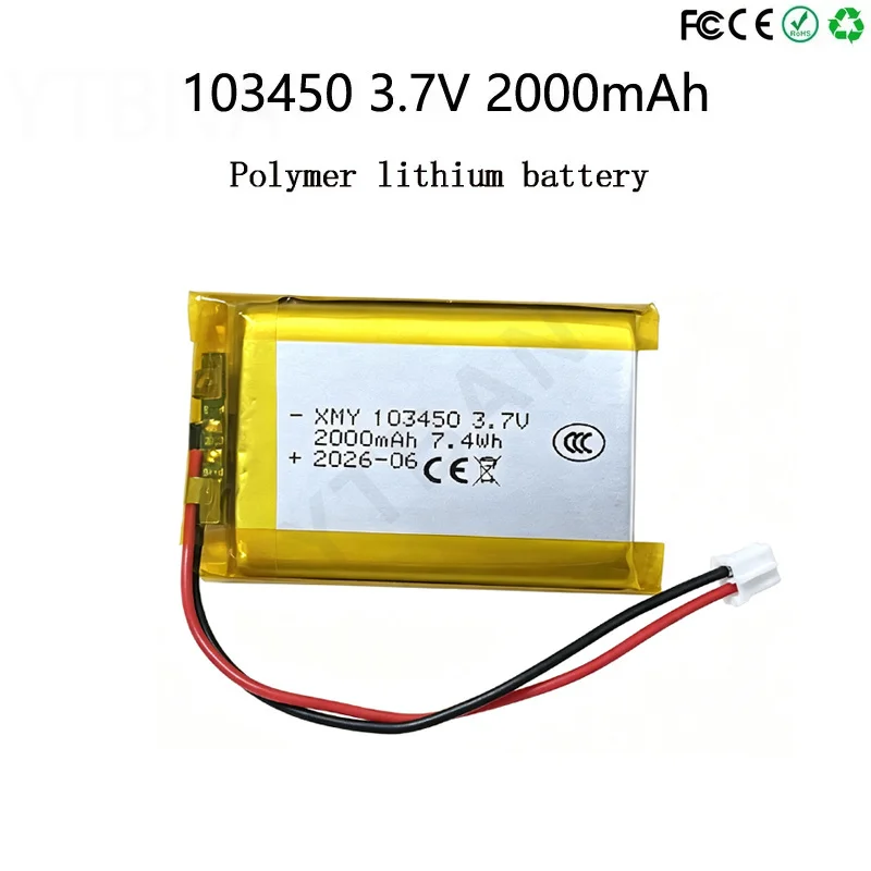 103450 3,7 V 2000 mAh wiederaufladbarer Polymer-Lithium-Akku Jst PH 2,0 mm 2-poliger Stecker für Kamera, GPS, Navigator, MP5, Bluetooth-Headset