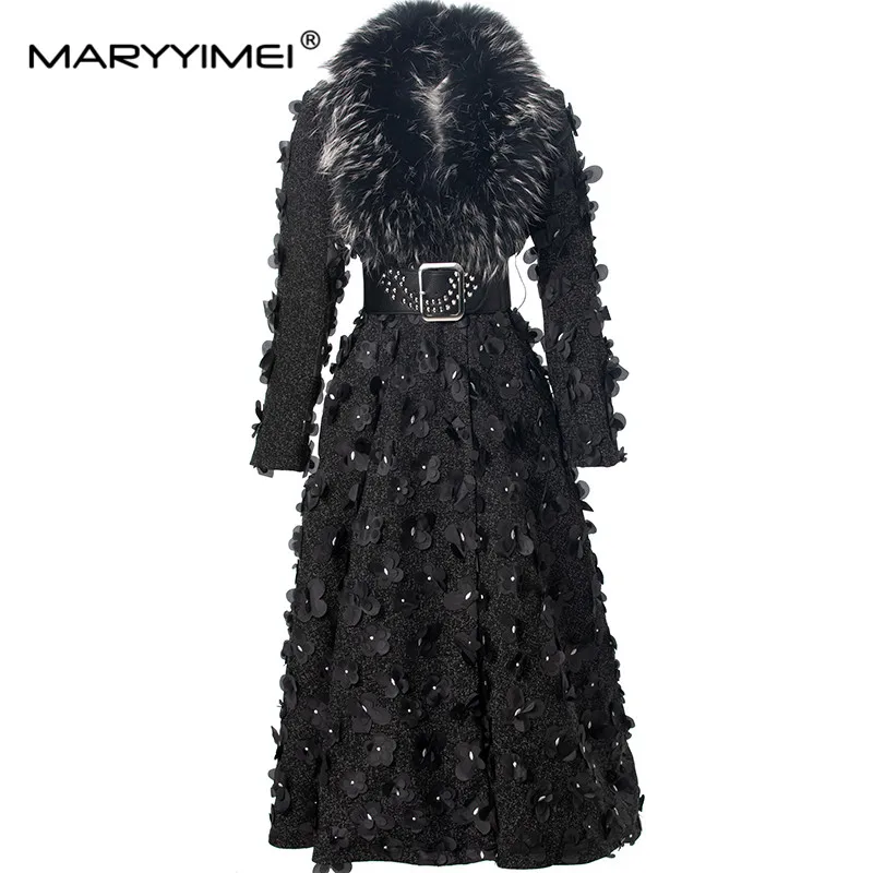 MARYYIMEI Autumn and Winter New Style Women's Coat Fur collar Long sleeved Single Button Appliques Overcoat With Belt