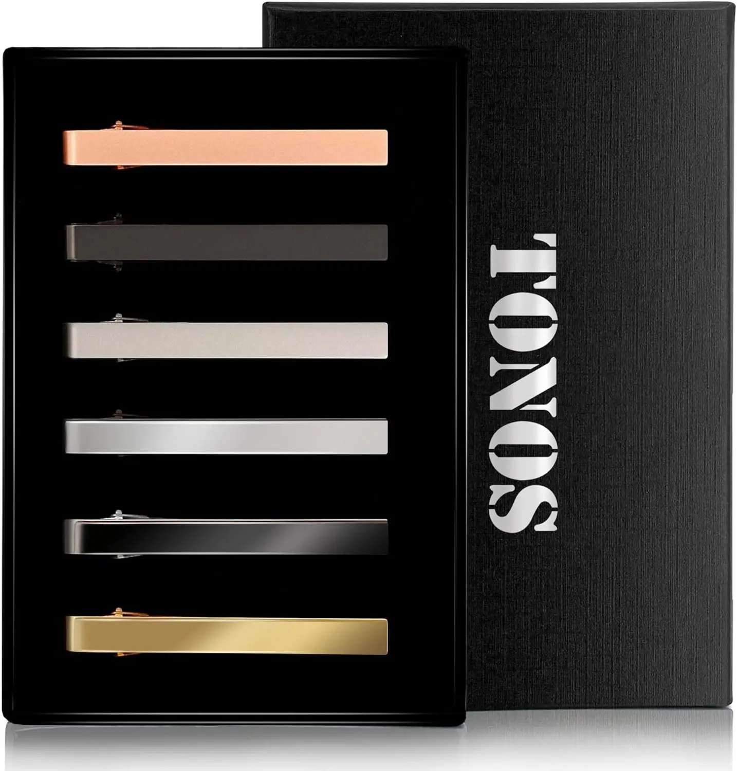 

6-Pack Men's Tie Clips Set in Black, Silver, Gold - Elegant Gift Box for Weddings and Gifts