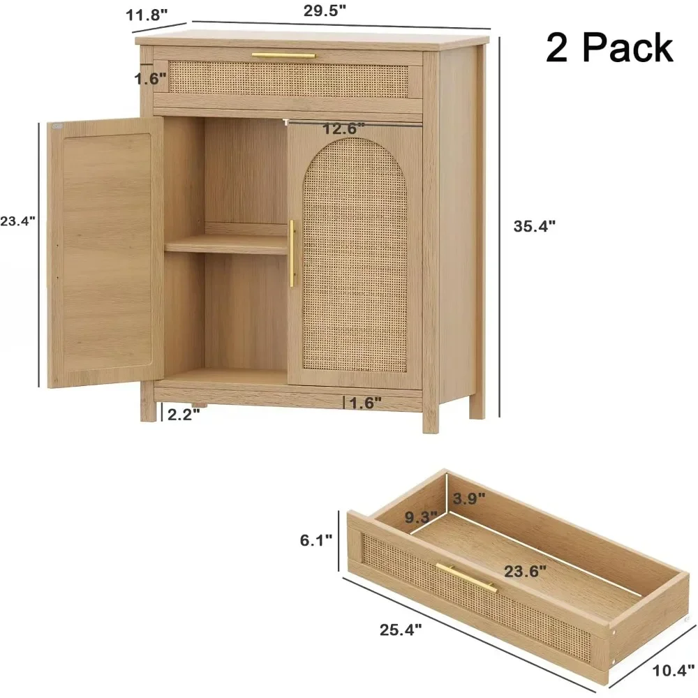 Sideboard Buffet Cabinet, Bathroom Storage Cabinets with Large Drawer, Set of 2 Rattan Accent Storage Cabinet