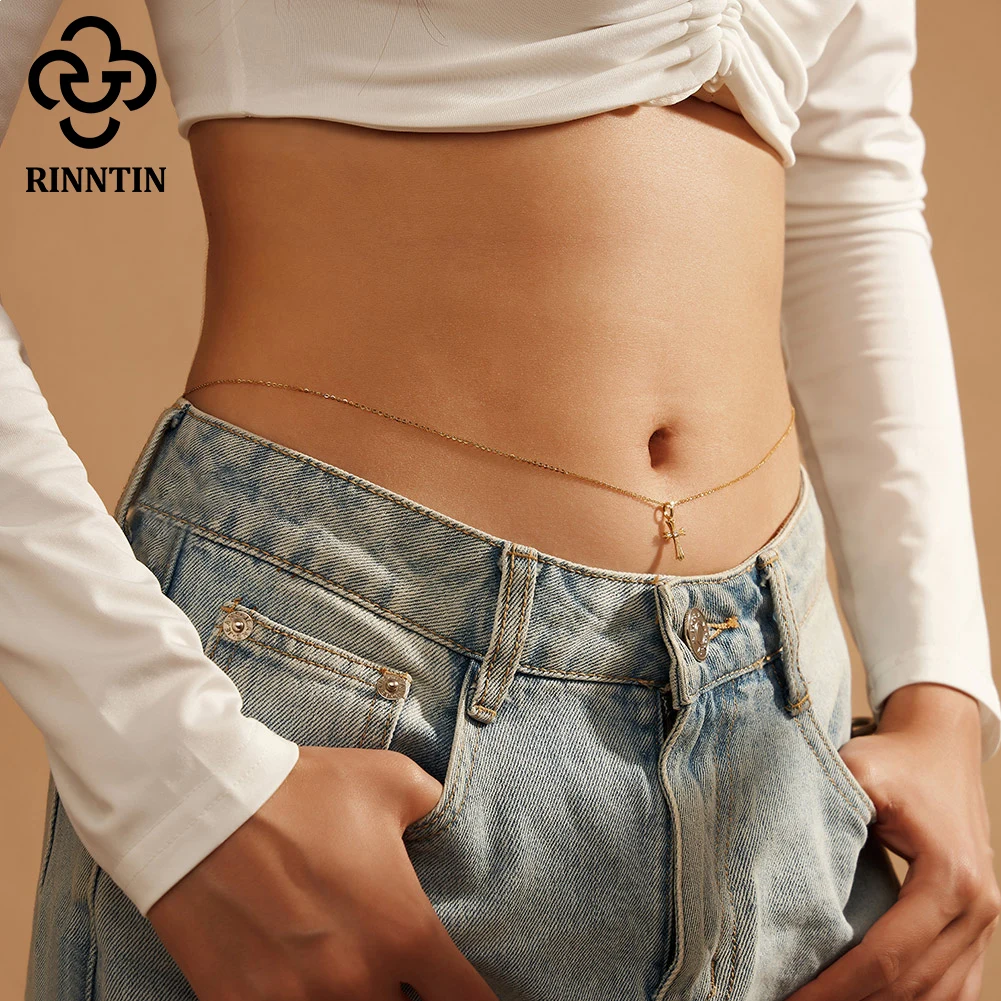 Rinntin 925 Silver Simple Sexy Waist Chain Cross Body Chain Bikini Necklace Belly Chain Summer for Women Jewelry AccessoriesCW03