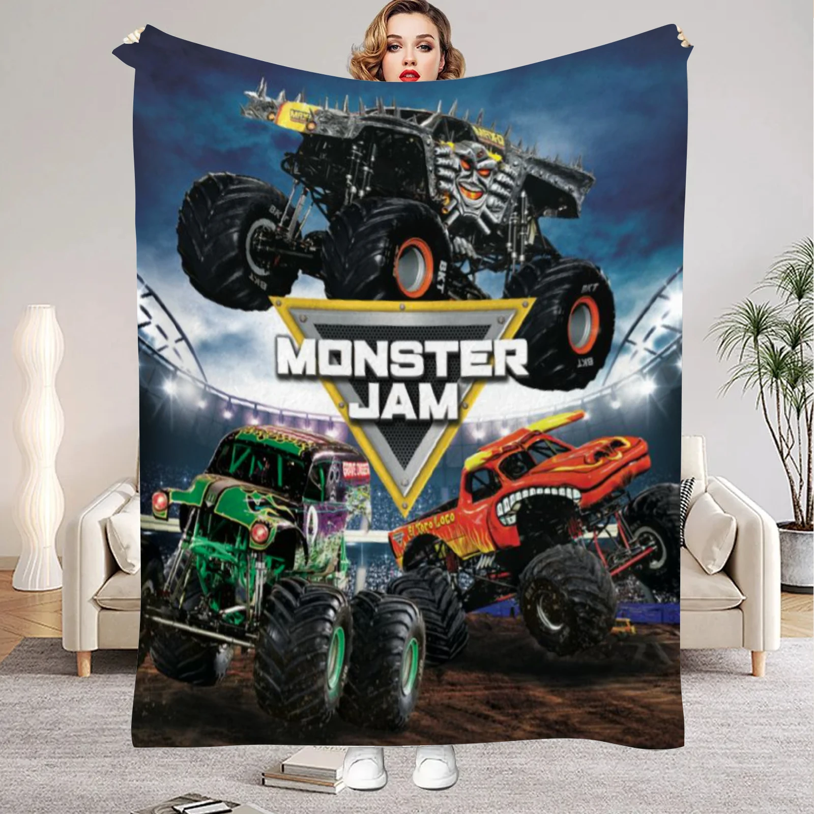 3D Monster Jam Monster Truck Cartoon Flanell-Decke, weiche Überwurfdecke für Jungen, Schlafzimmer, Sofa, Bett, warme Überwurfdecke, Picknickdecke