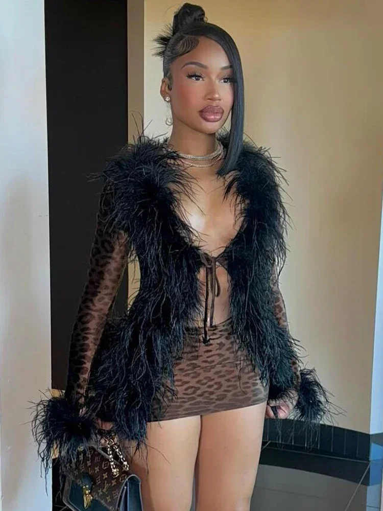 ليوبارد طباعة أطقم فساتين النساء Bodycon مثير فروي المرقعة الدانتيل يصل المحاصيل القمم والشكل الاغراء تنورة 2 قطعة الدعاوى