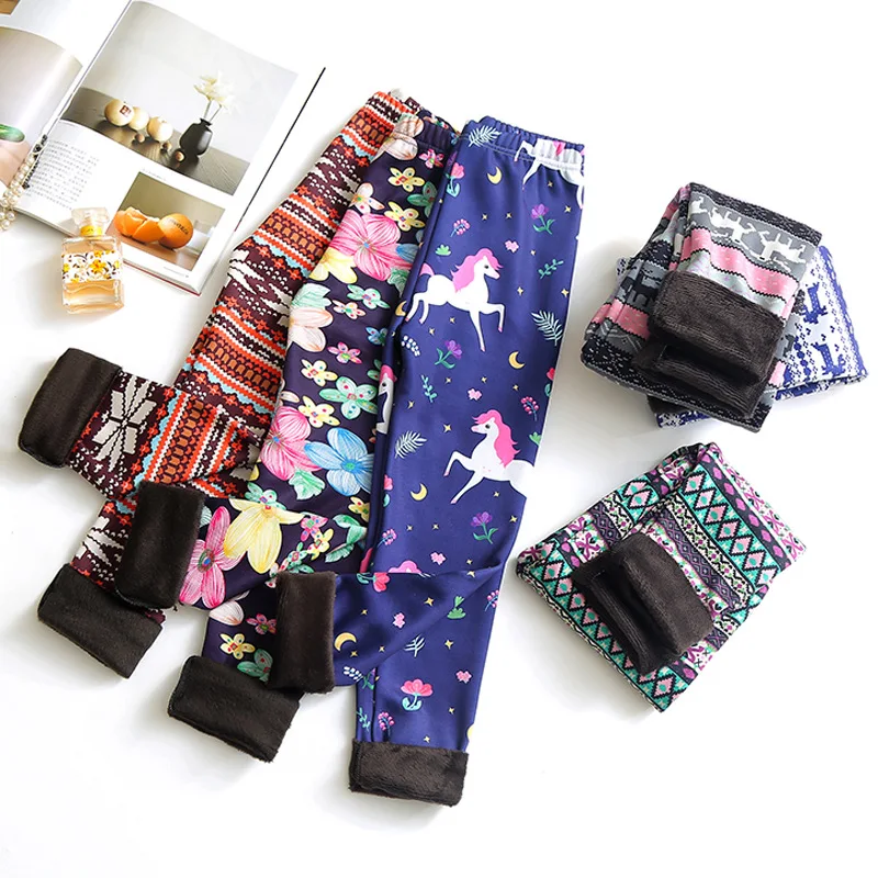 Girls milk silk fleece leggings autumn and winter children's printed thin  integrated fleece leggings children's pants Christmas