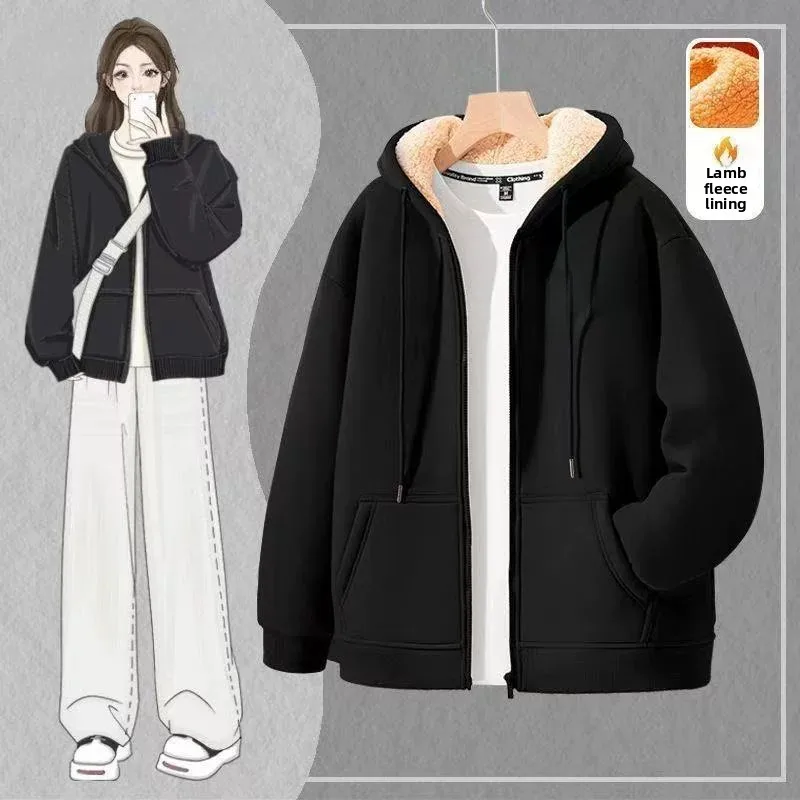 Lamb Fleece Lined Thickened Women's Jacket Winter Open Cardigan Sweatshirt Trendy Zipper Hooded Warm plus Size Loose Outerwear