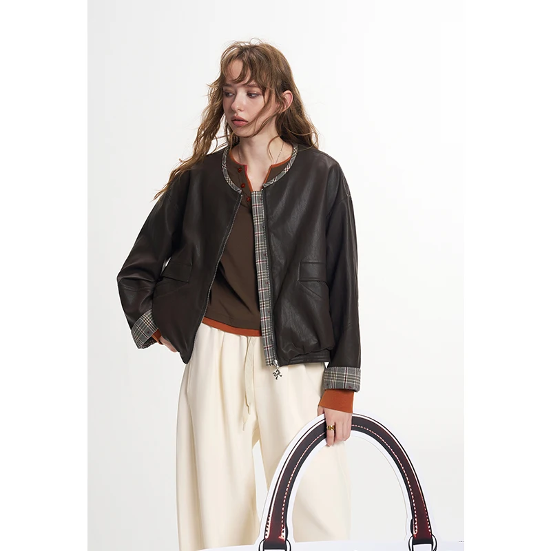 ELFSACK Women Vintage Faux Leather Bomber Jacket with Plaid Lining & Zip Closure Streetwear