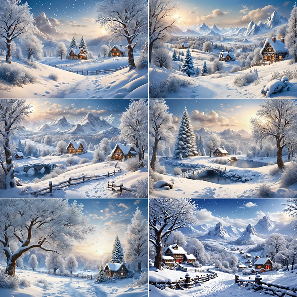 

MOON.QG Snow Winter Christmas Village Background Pine Tree Houses Backdrop New Year Home Decoration Photography Studio Supplier