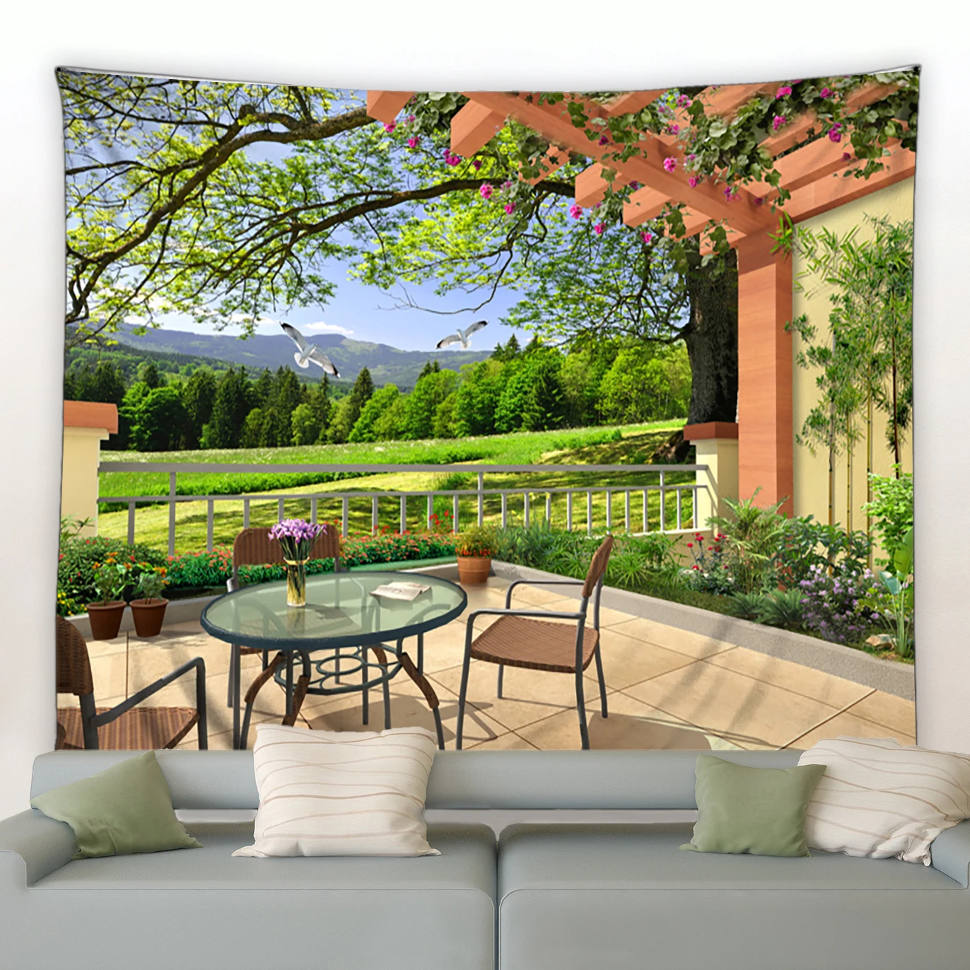 Modern Garden Big Tapestry Nature Flowers Plants Vines Spring Park Scenery Fabric Print Wall Hanging Home Courtyard Decor Murals