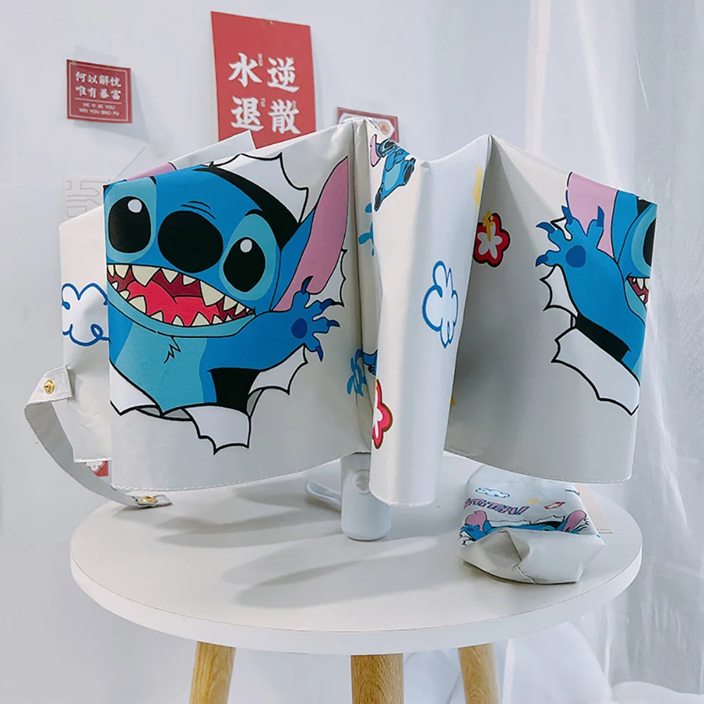 Kawaii Stitch Folding Umbrella Cute Cartoon Three Fold Umbrella Uv Resistant Folding Umbrella Black Glue Parasol for Boys Girls