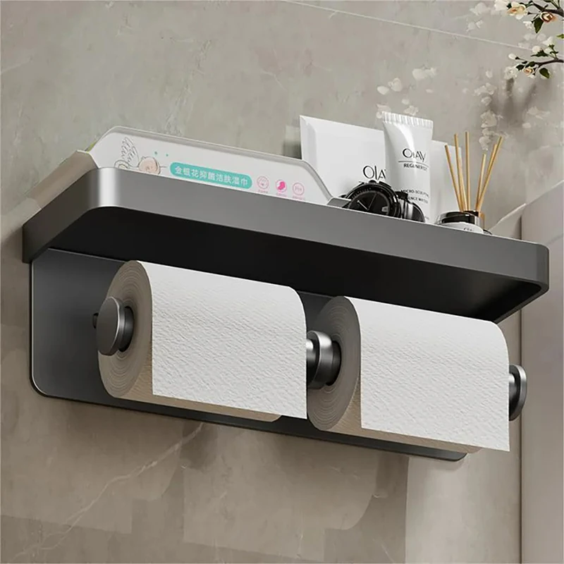 No-Drill Aluminum Alloy Toilet Paper Holder with Storage Tray Wall-Mounted WC Roll Paper Holder Phone Shelf Bathroom Accessories