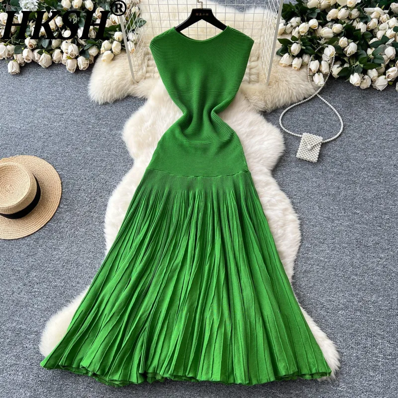 HKSH Spring Autumn New Women's Dress O-neck Sleeveless Knitted Patchwork Pleated Solid Color Elegant Trendy Long Dresses HK14805