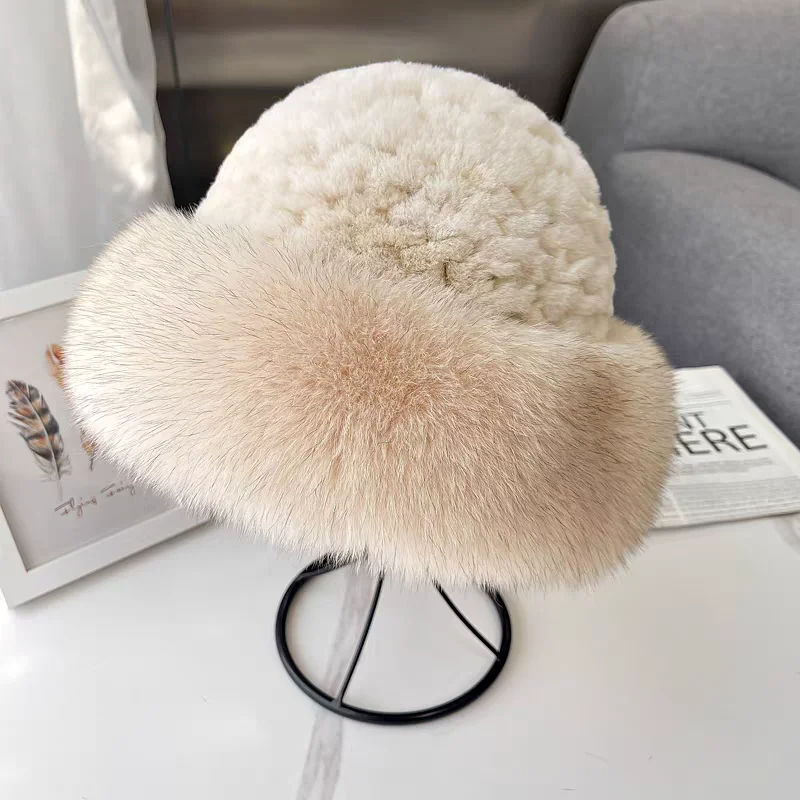 Winter Hot Sale Warm Women Knitted Real Natural Fox Fur Hat Bowler Solid Rex Rabbit Fur Caps Beanies Lady Real Fur Hat Skullies