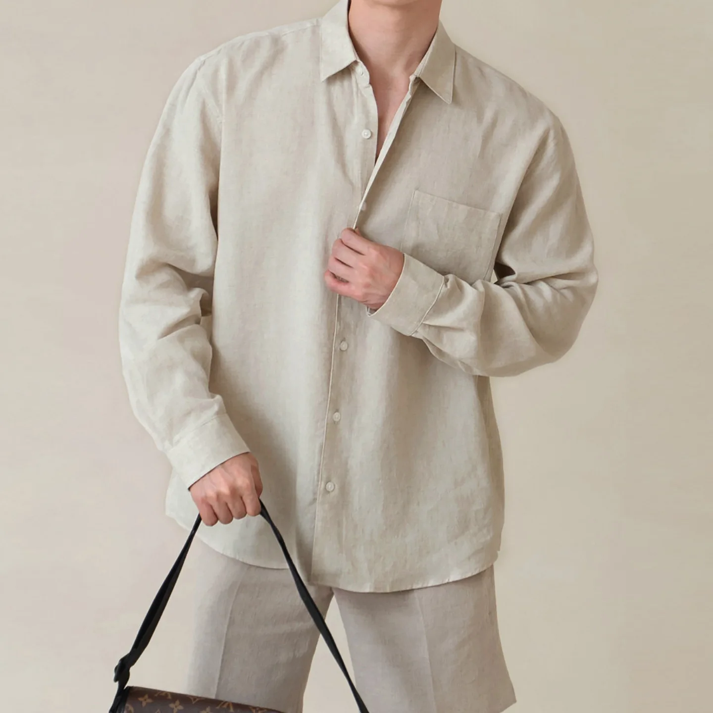 Korean Summer New Fashion Men's White Beige Solid Color Pleated Casual Trendy Loose Simple Turn-down Collar Pleated Shirts Male