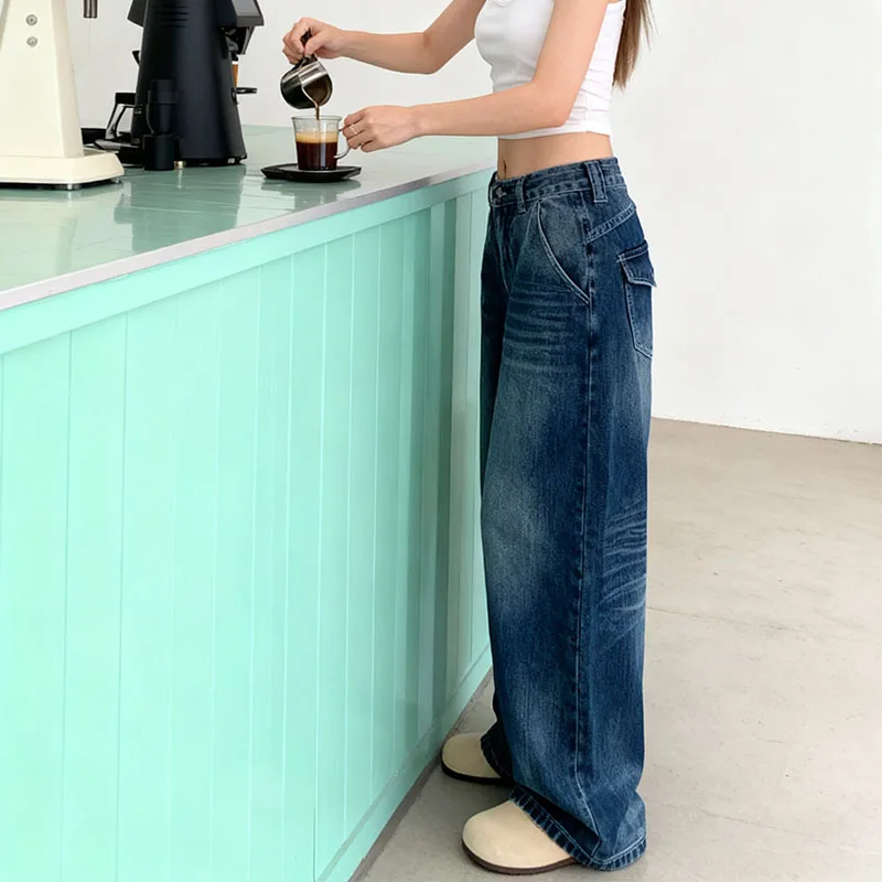 Otoño 2025 Y2K Dongdaemun Pantalones vaqueros lavados vintage para mujer Pantalones drapeados de pierna recta relajados hasta el suelo