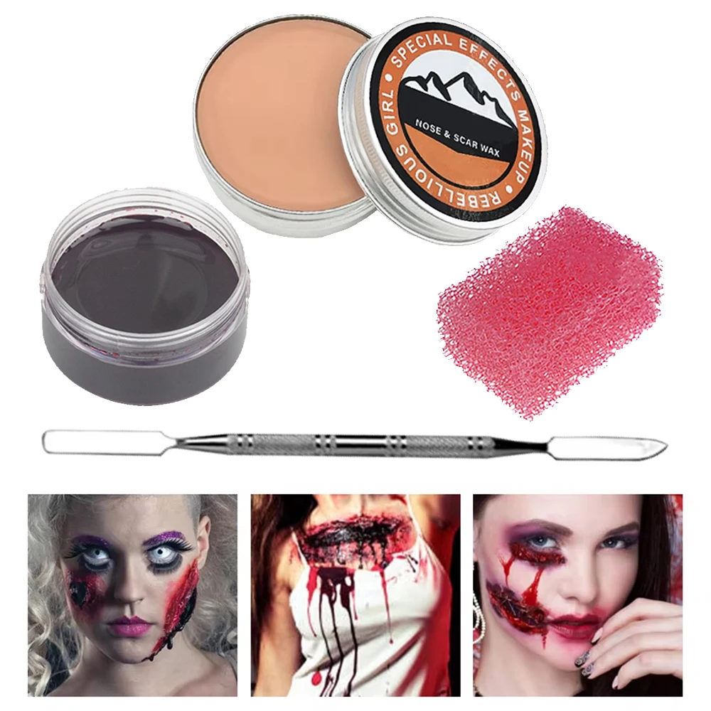 SFX Makeup Kit Scars Wax Halloween Special Effects Stage Fake Wound Skin Wax with Spatula Stipple Sponge Fake Wood Special