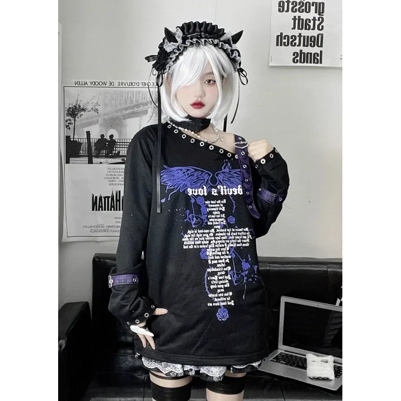 Y2K aesthetic punk off shoulder T-shirt loose Gothic printing Harajuku tshirts grunge vintage streetwear patchwork tee shirts