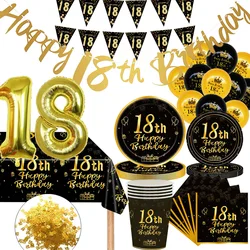 Happy Birthday 18 Year Old Disposable Tableware Black Gold Plate Tablecloth Banner For 50th Birthday Party Decorations  Supplies