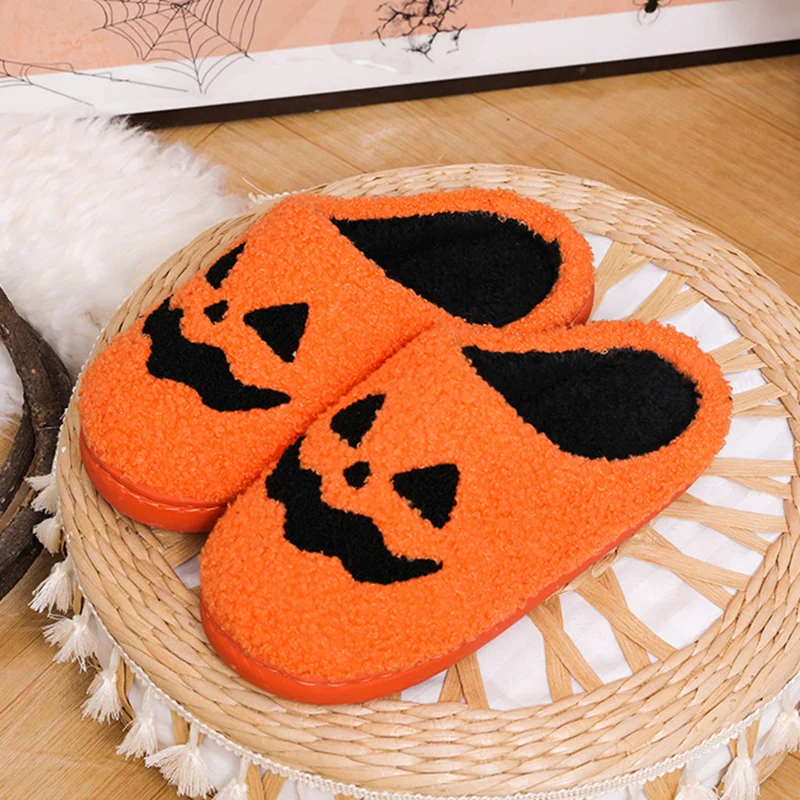 Cozy Halloween Pumpkin Slippers Women Soft Plush Non Slip Indoor Cotton Slides Woman Keep Warm Comfortable Winter House Slippers