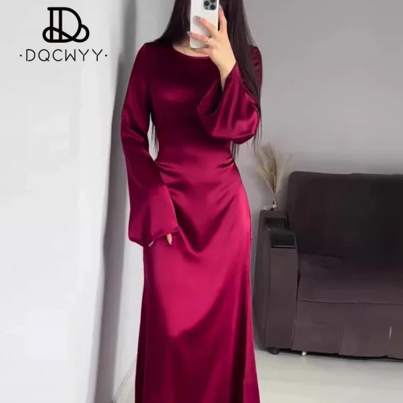 Long Dresses Spring Autumn 2024 New Lace Up Waist Slimming Lace Wine Red Color  Sleeved British Style Elegant Dresses for Women